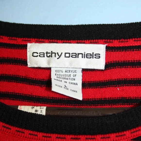 Cathy Daniels Red and Black Striped Sweater with Black Bow LG 3/4 Length Sleeves - Picture 4 of 11